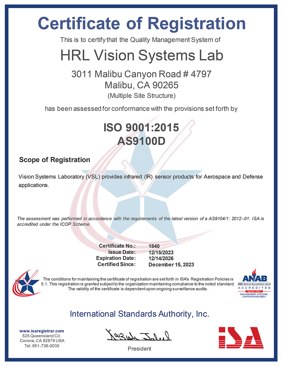 ISA AS9100D Certificate of Registration